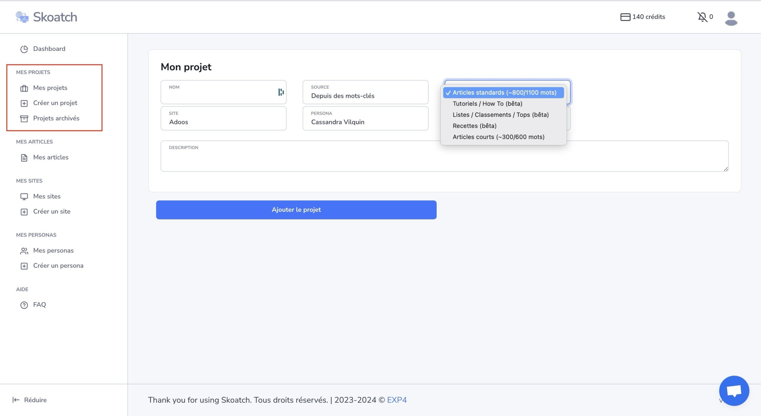 créer un projet avec Skoatch