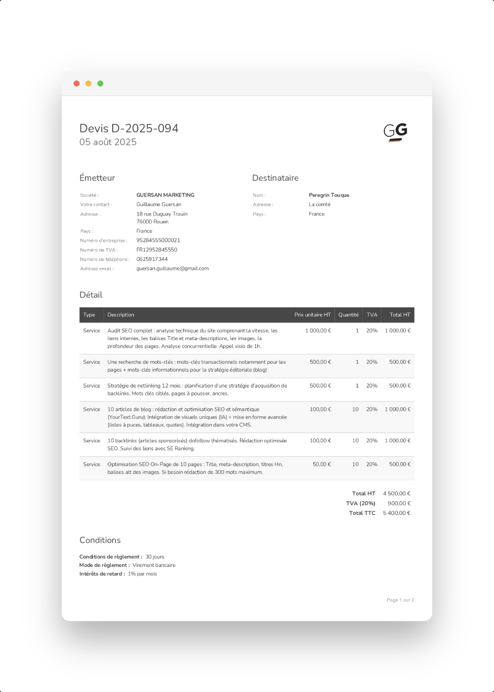 Exemple de devis SEO détaillé par Guillaume Guersan