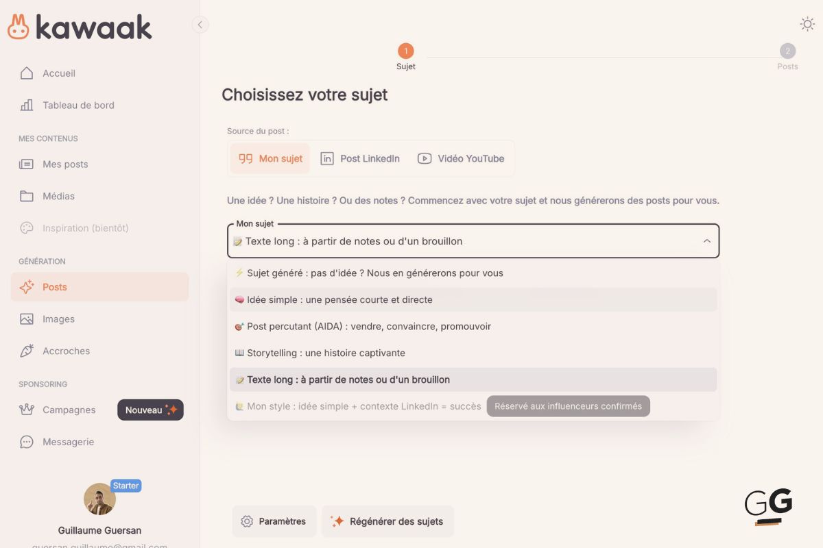Générer des posts LinkedIn avec Kawaak