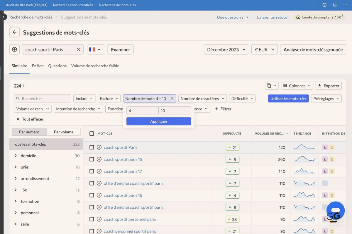 rechercher des mots-clés de longue traine avec SE Ranking