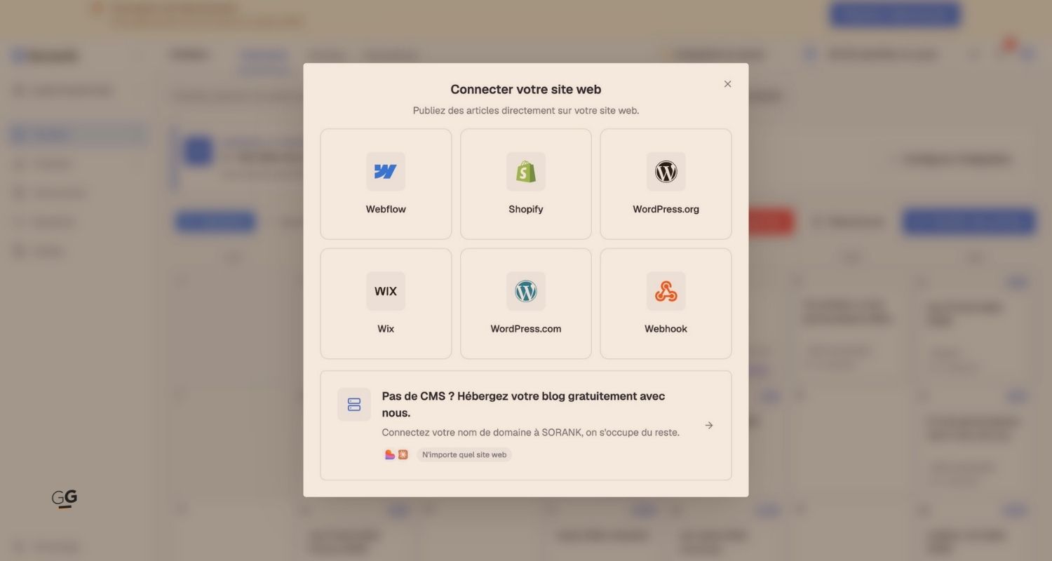 Écran de Sorank présentant les différentes intégrations CMS disponibles