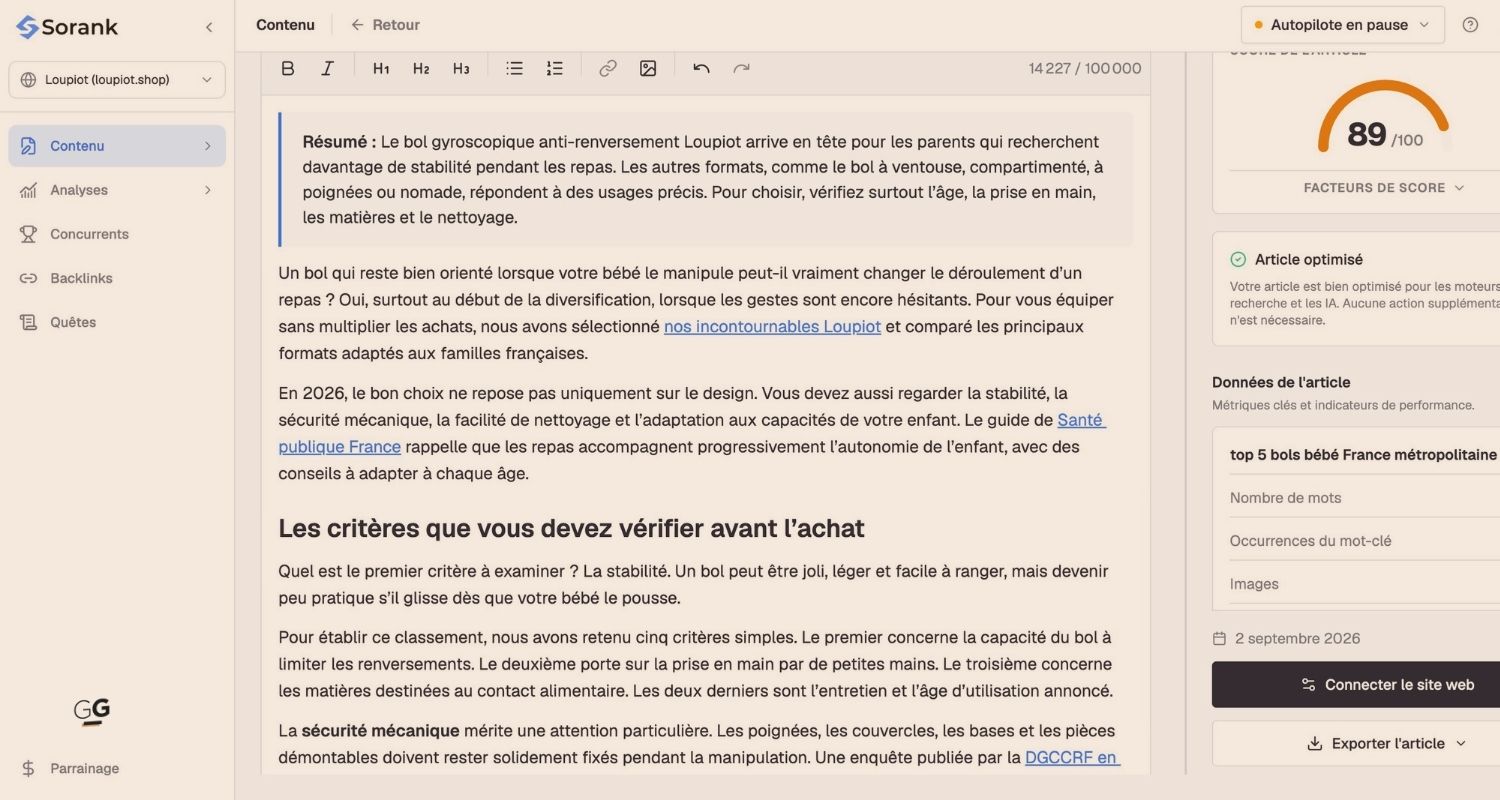 Exemple d’un article généré par Sorank avec image, contenu et score d’optimisation