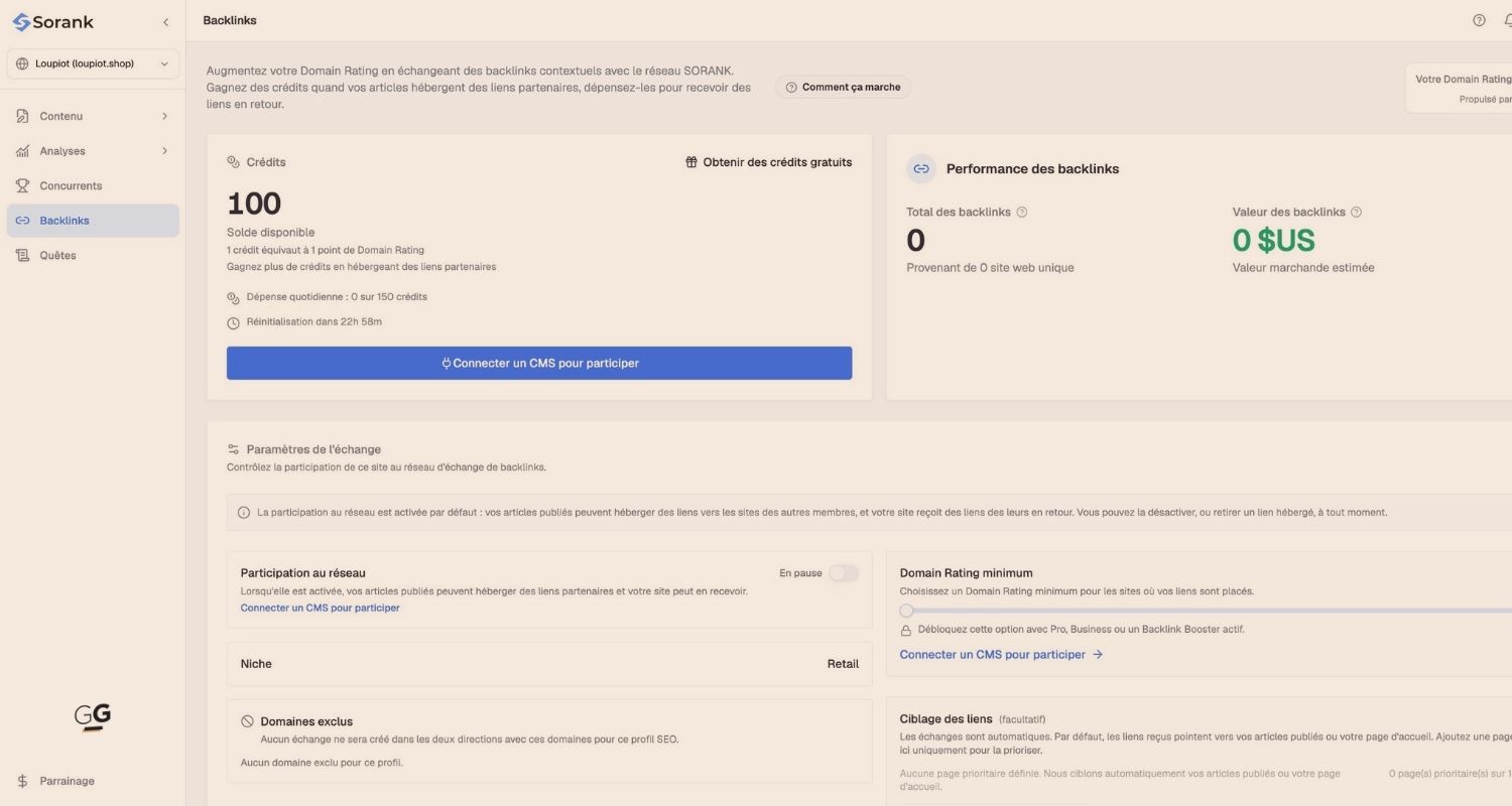 Interface Sorank avec les backlinks reçus, les liens hébergés et le nombre de crédits disponibles