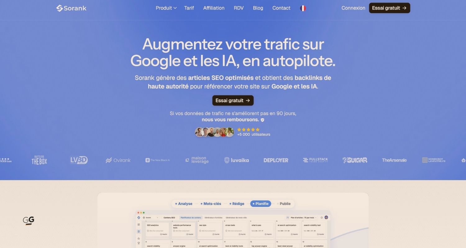 Page d’accueil de Sorank avec les principales fonctionnalités