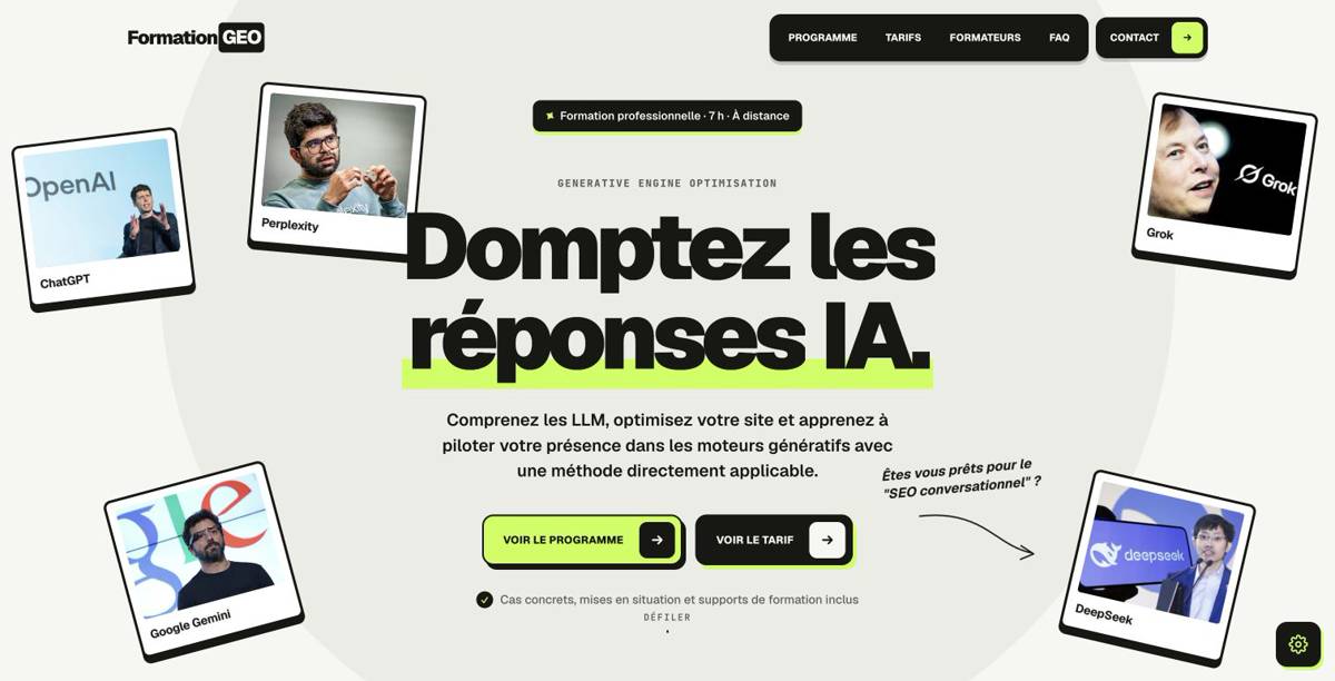 Page de la formation GEO de FormationGEO.com présentant le programme de référencement IA