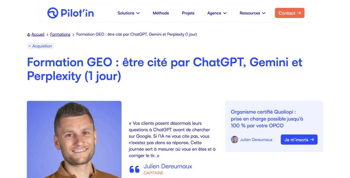Présentation de la formation Audit et optimisation GEO de Pilot’in