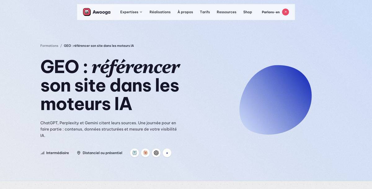 Page de la formation GEO d’Awooga sur le référencement dans les moteurs IA