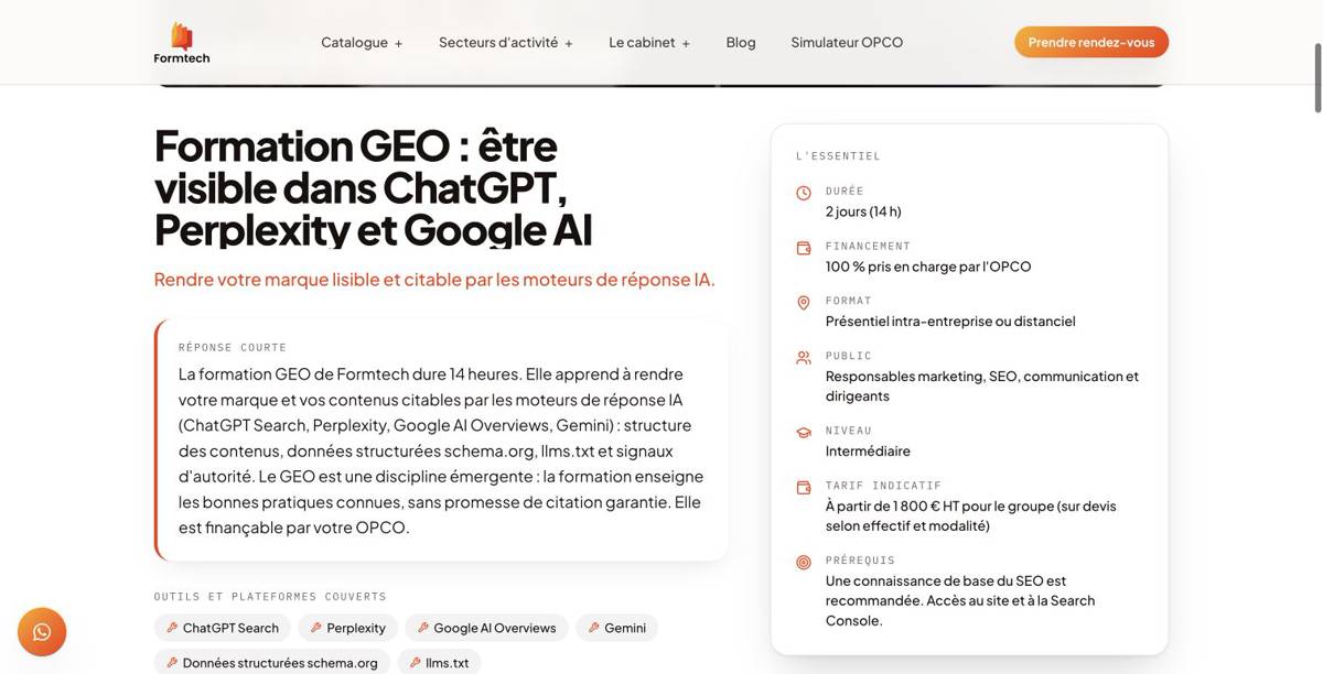 Page de la formation GEO et visibilité IA de Formtech