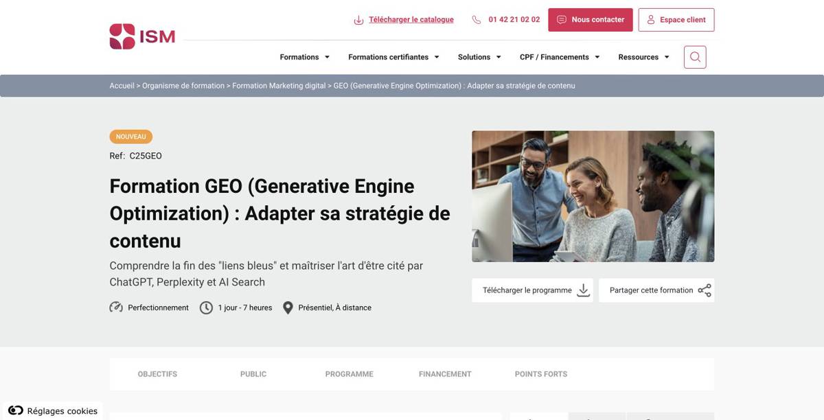 Page de la formation ISM Du SEO au GEO sur la stratégie de contenu à l’ère de l’IA
