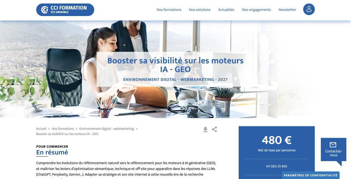 Page de la formation GEO 2027 de la CCI Formation Grenoble