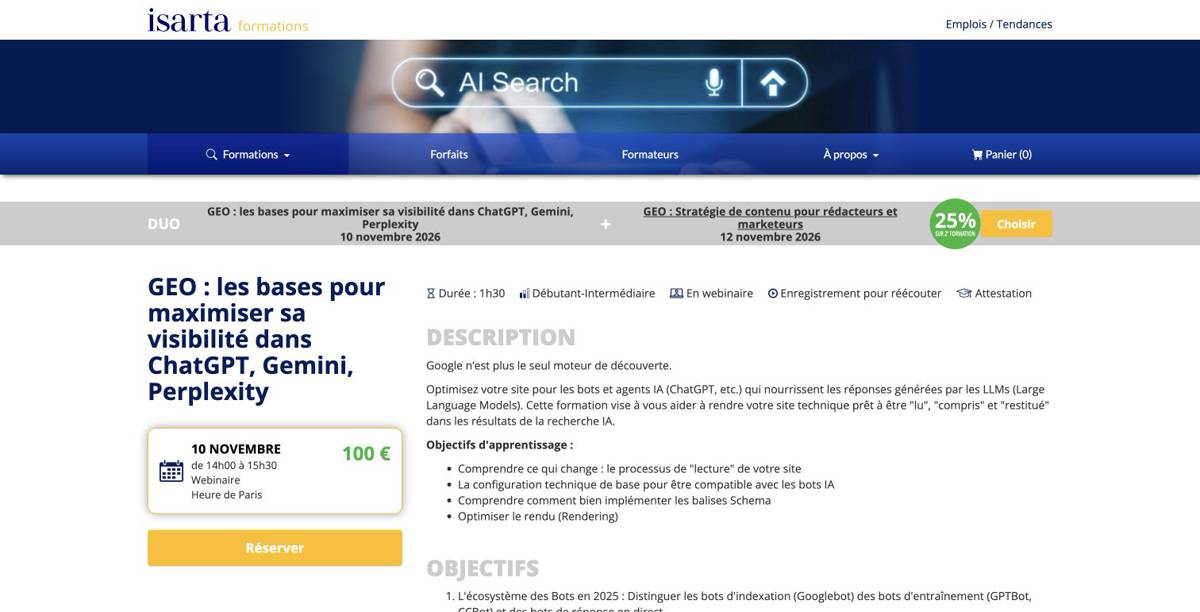 Page du webinaire GEO d’Isarta sur la visibilité dans ChatGPT, Gemini et Perplexity