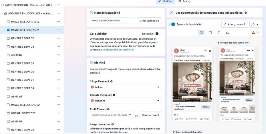Aperçu des publicités Meta Ads BOLUM pour luminaires en bois