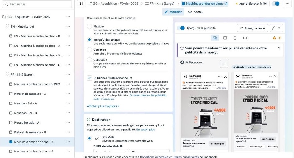 Variantes de publicités Meta Ads pour la campagne d’acquisition EXO MEDICAL