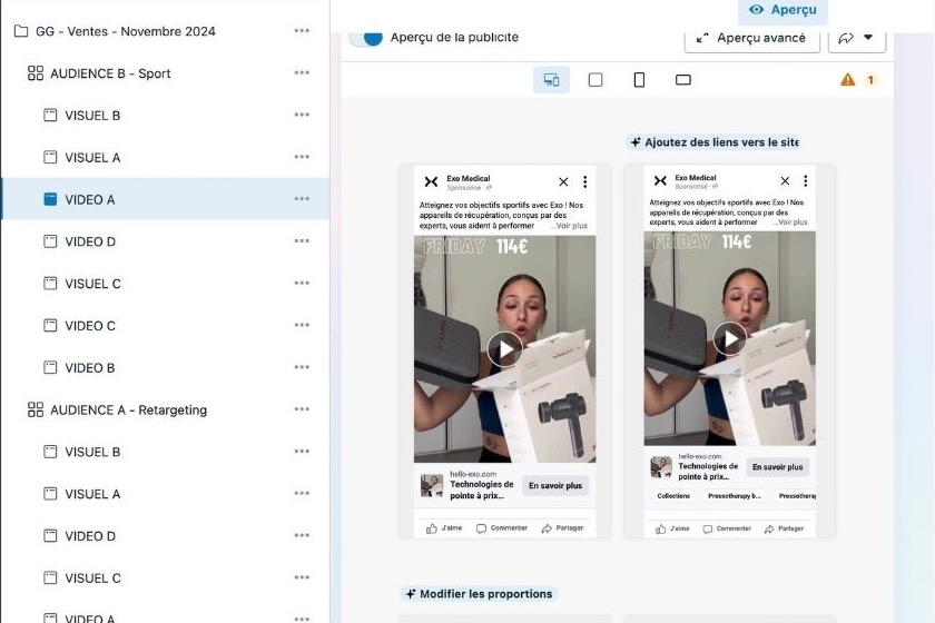 Créations Meta Ads EXO MEDICAL pour équipements et accessoires de sport