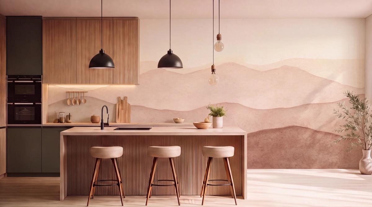 Papier peint panoramique sur mesure Kam & Léon dans une cuisine contemporaine