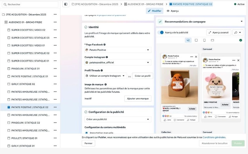Publicités Meta Ads Patate Positive avec créations produit variées