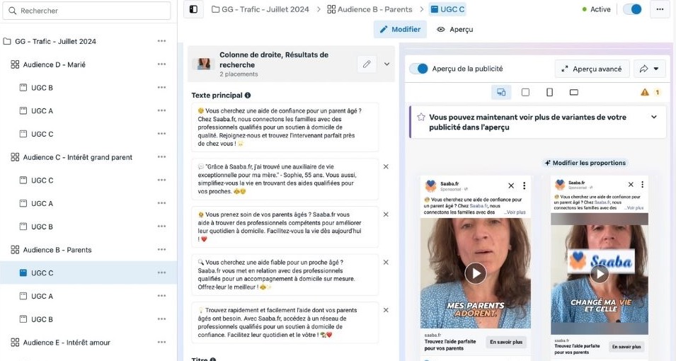 Publicités Meta Ads Saaba avec plusieurs accroches vidéo UGC